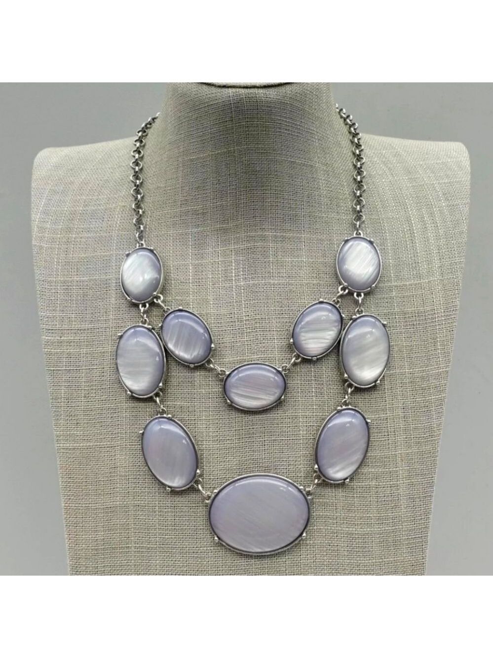 Charming Charlie Necklace Statement Bib Gray Oval Bead Pendants 20" NWOT